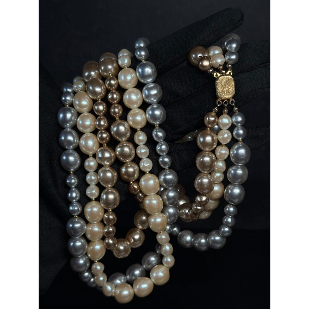 Vintage Faux Pearl Necklace Three Strand Mixed Color 29"